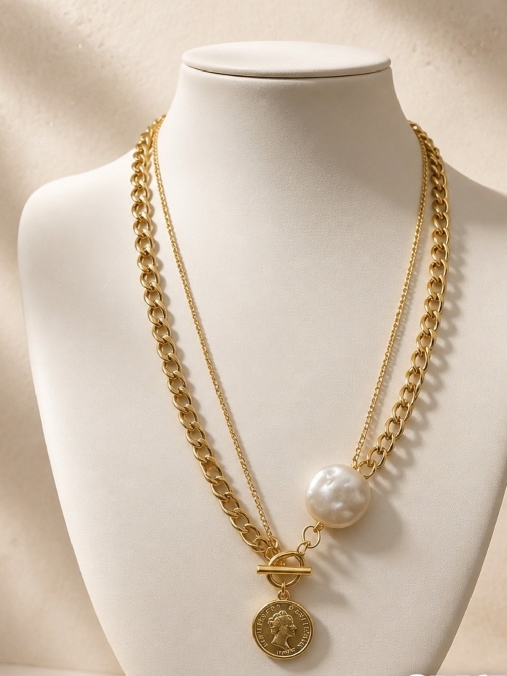 Gold Layered Necklace with Pearl and Coin Pendant